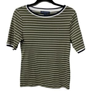 Tommy Hilfiger Striped Short Sleeve Crew Neck Casual Tee Cotton Green Womens M‎